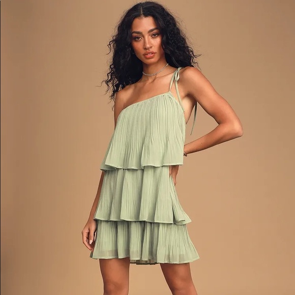 Lulus Dresses & Skirts - Lulus Blowing Kisses Sage Green Pleated One-Shoulder Mini Dress